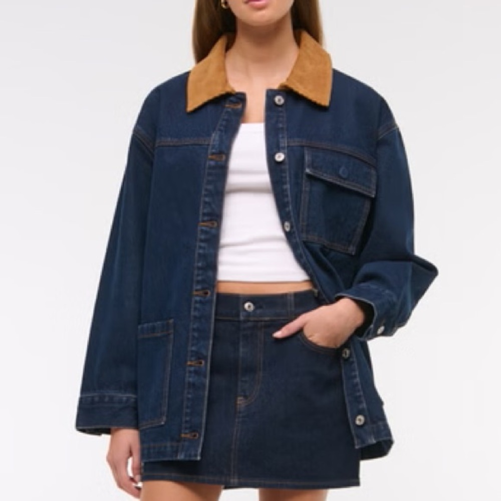 Abercrombie & Fitch Dark Blue Denim Jacket with Tan Corduroy Collar - Picture 2 of 8